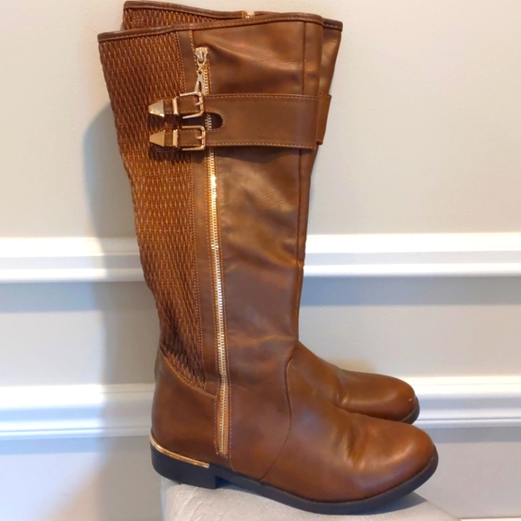 TOP Moda Shoes - Vegan Leather Brown Riding Boots Gold Sz 9